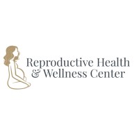 Reproductive Health and Wellness Center logo, a pregnant woman in a yoga pose in gold tones